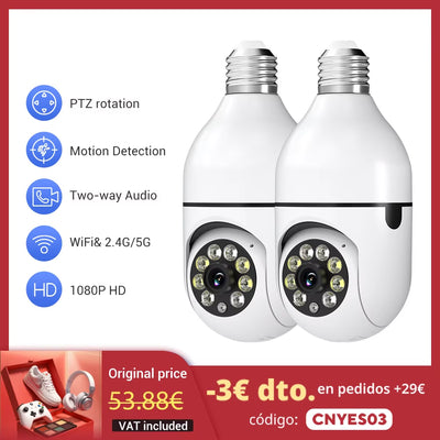 2Pc Ease Life App-Light Bulb Security Cameras Outdoor Wireless Wifi Camera 5Ghz, 360 Degree, E27 Light Socket Screw in Securi